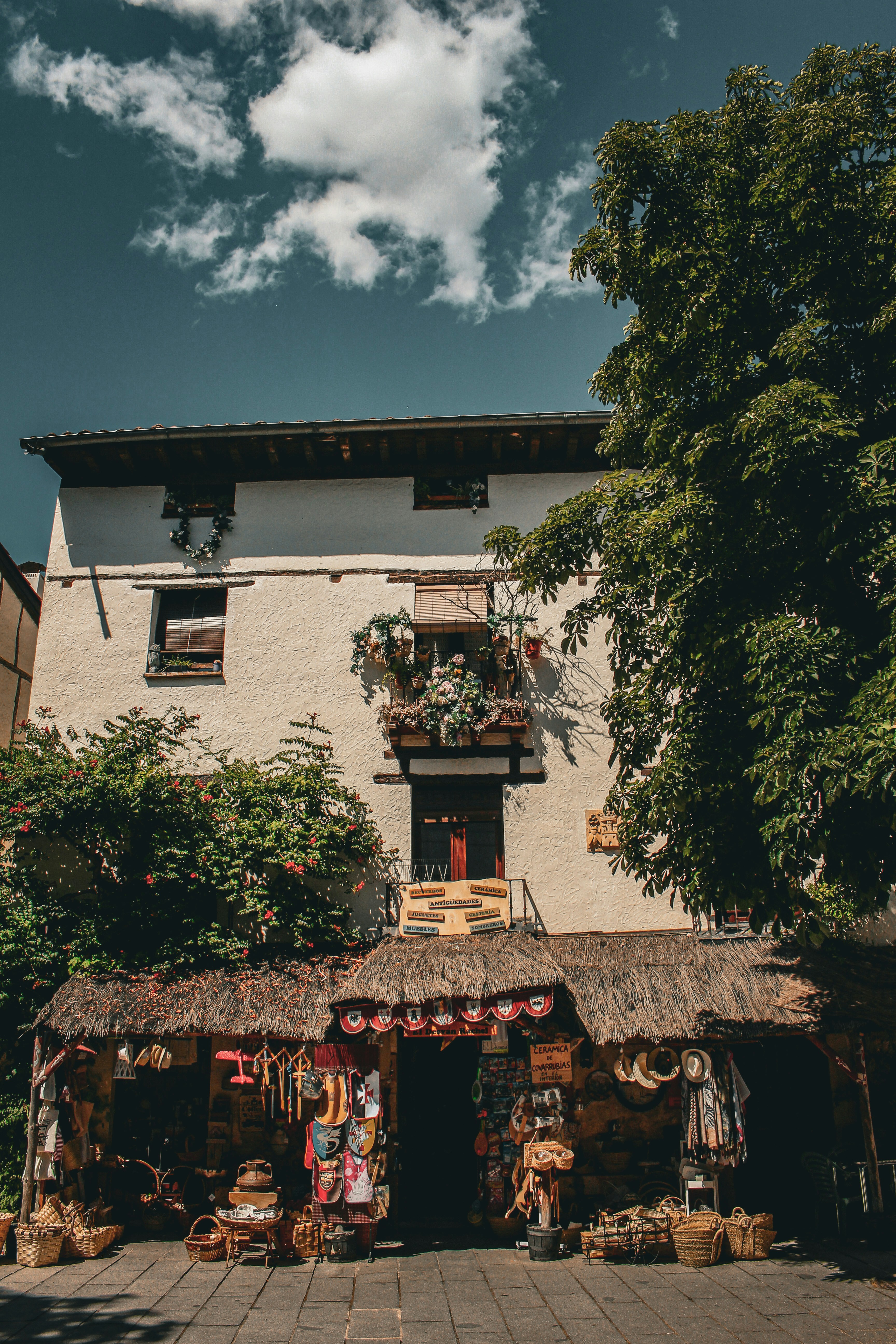 a building with a thatched roof and a store front