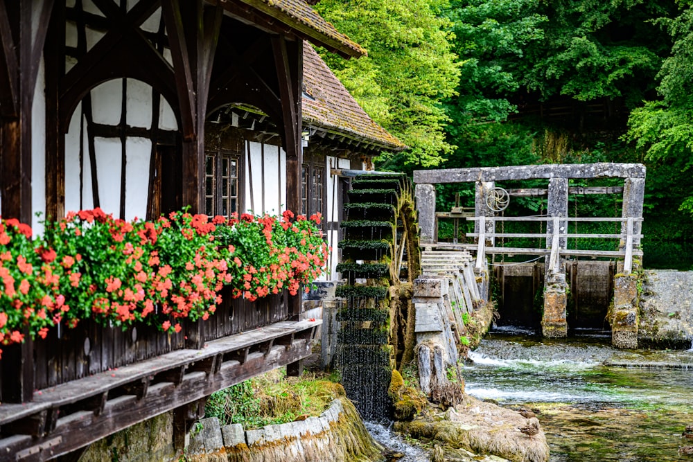 a wooden building with flowers in the window boxes