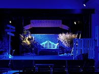 A stage set with a blue-lit backdrop featuring a brick wall, a sign reading 'Jonge Vogels Dierenpark', and potted plants illuminated by spotlighting. There is a bench in the center, surrounded by foliage and props suggesting a park or garden environment. Microphones are visible in the foreground, indicating a performance setup.