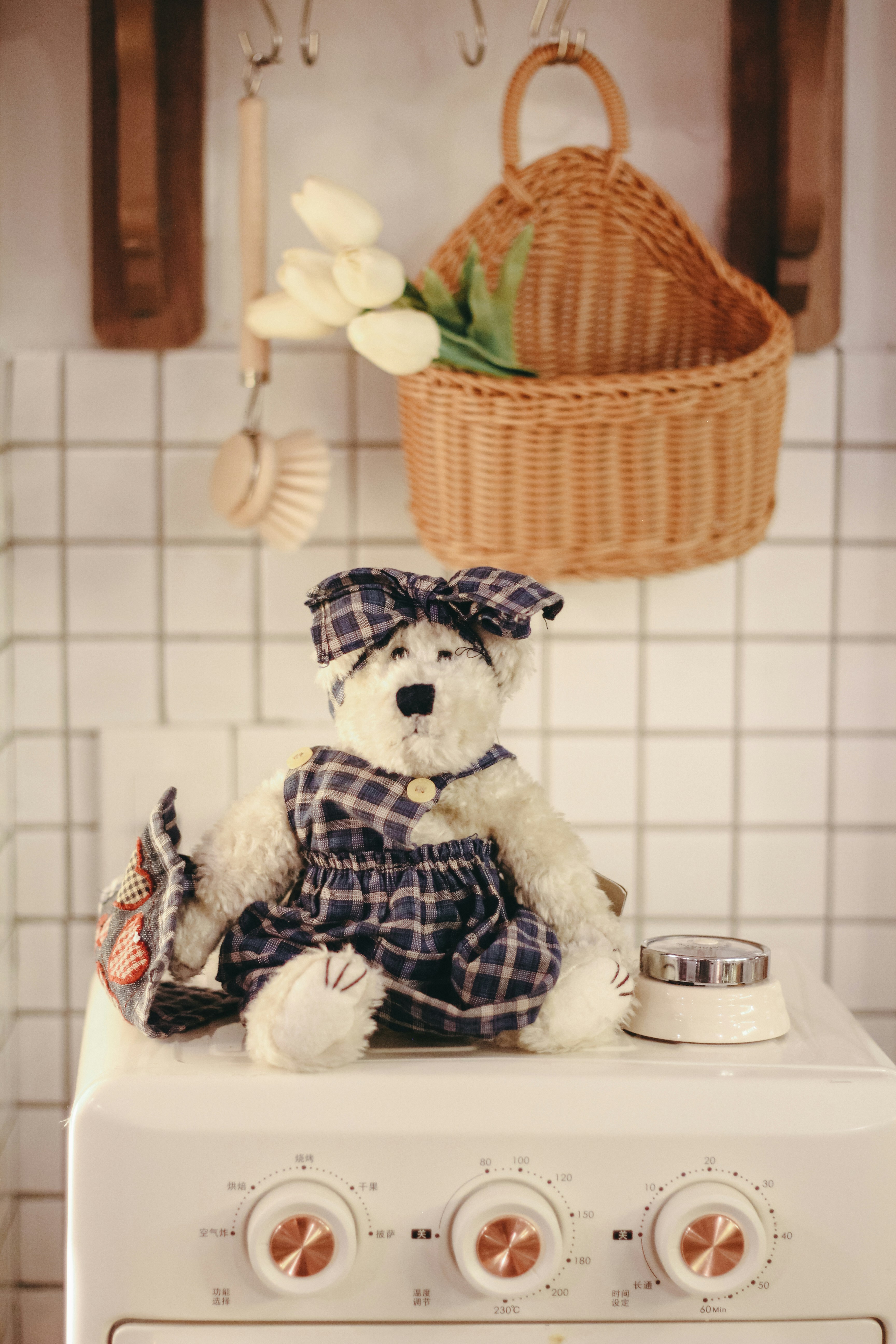 a teddy bear sitting on top of a stove