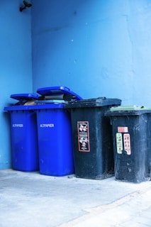 A group of recycling bins is lined up against a blue wall. Two bins are blue with 'ALTPAPIER' written on them, and there is one black bin in between two others with a sticker that has information about recycling.