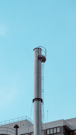 A tall, cylindrical metal chimney rises against a clear, blue sky. It features a ladder with a safety cage attached to the side. Below, part of a building's rooftop with industrial elements is visible, including smaller pipes and antennas.