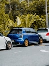 A row of three compact cars is parked on a street, with a lush green forest in the background. The central car is blue with gold wheels, while the two adjacent cars are white. The scene features a tropical environment with large leafy plants.