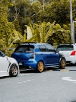 A row of three compact cars is parked on a street, with a lush green forest in the background. The central car is blue with gold wheels, while the two adjacent cars are white. The scene features a tropical environment with large leafy plants.