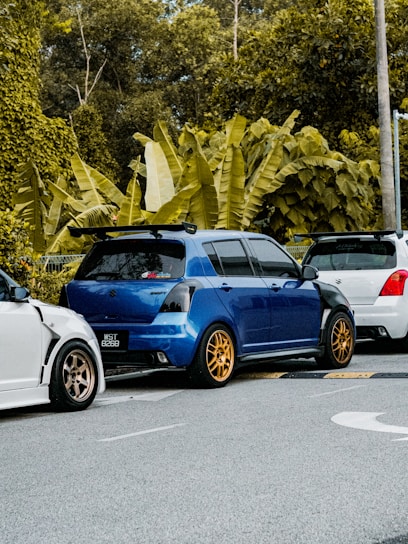 A row of three compact cars is parked on a street, with a lush green forest in the background. The central car is blue with gold wheels, while the two adjacent cars are white. The scene features a tropical environment with large leafy plants.