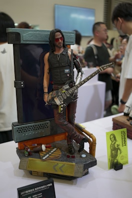Close-up of a vintage rock band action figure with leather jacket and guitar.