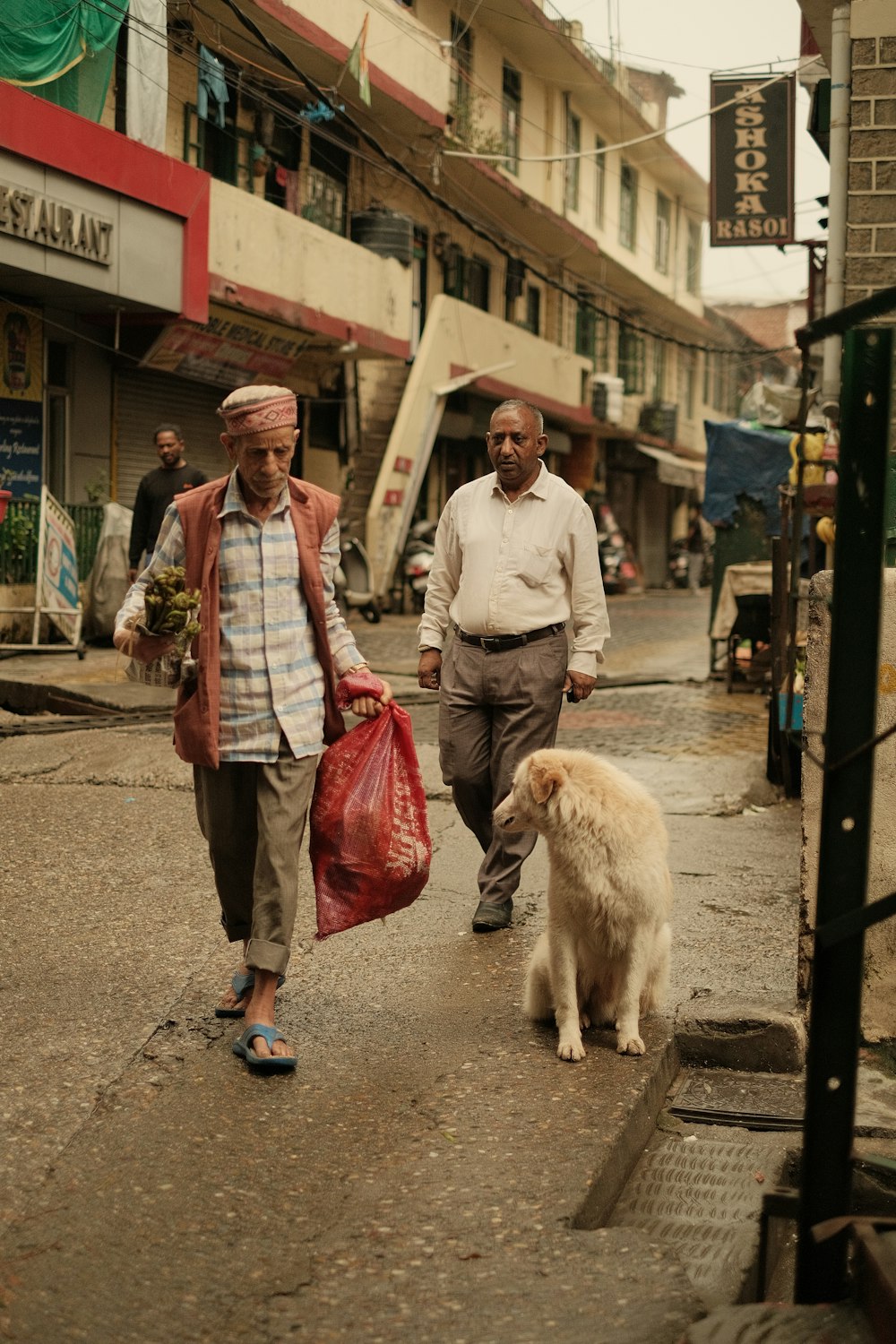 a couple of men walking down a street with a dog