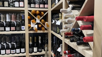 a wine rack filled with lots of bottles of wine