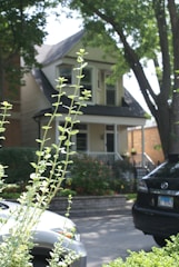 A residential street scene featuring a two-story house with large windows, surrounded by lush trees and greenery. Two parked cars are visible in the foreground, partially obscured by tall plants. The house has a front porch, and there are various plants and flowers in the garden area.