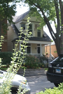 A residential street scene featuring a two-story house with large windows, surrounded by lush trees and greenery. Two parked cars are visible in the foreground, partially obscured by tall plants. The house has a front porch, and there are various plants and flowers in the garden area.