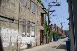 An urban alleyway with a brick building on the left, featuring boarded-up and weathered windows. The building is partially covered with ivy. There are blue recycling bins lined up along the right side of the alley, and the area is crisscrossed with overhead utility wires and wooden poles. The alley extends into the distance, bordered by other brick buildings.