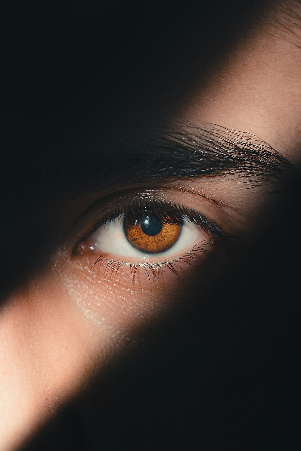 a close up of a person's brown eye