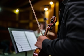 A freelance classical musician unpacking their violin in a cozy, warmly lit apartment.