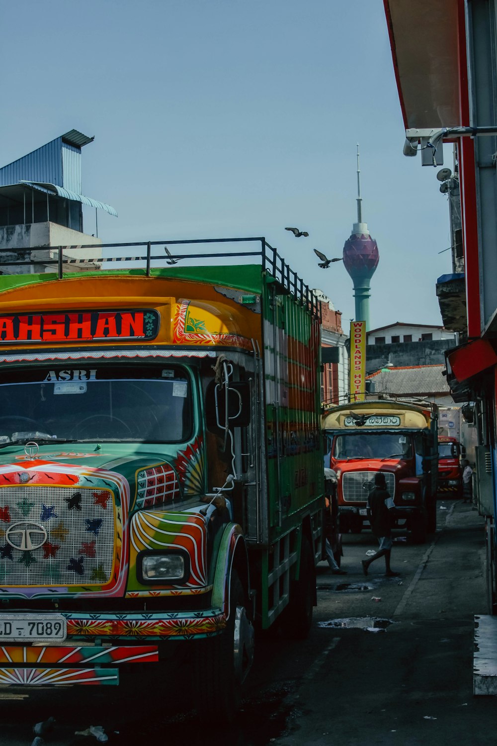 a colorful truck parked on the side of the road