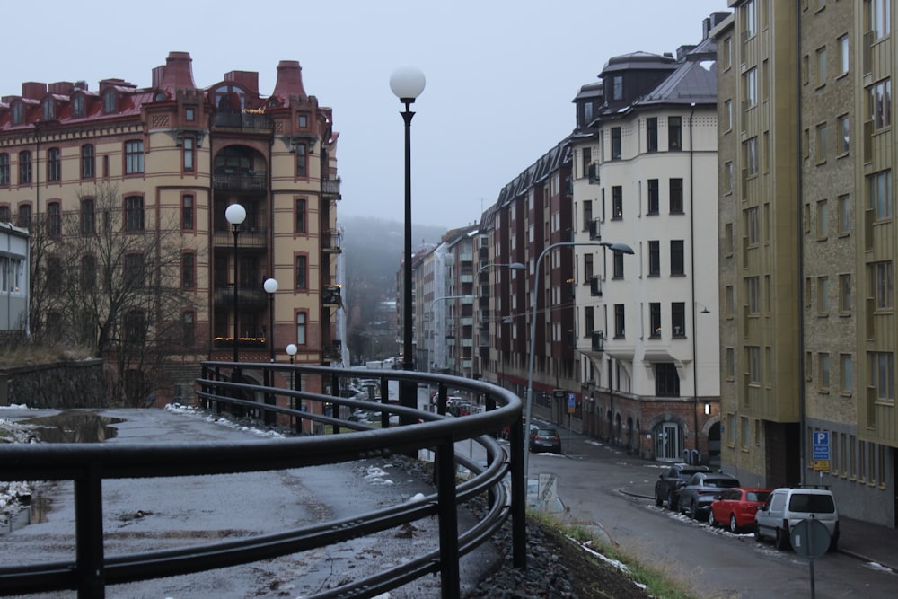 a view of a street in a city in the winter