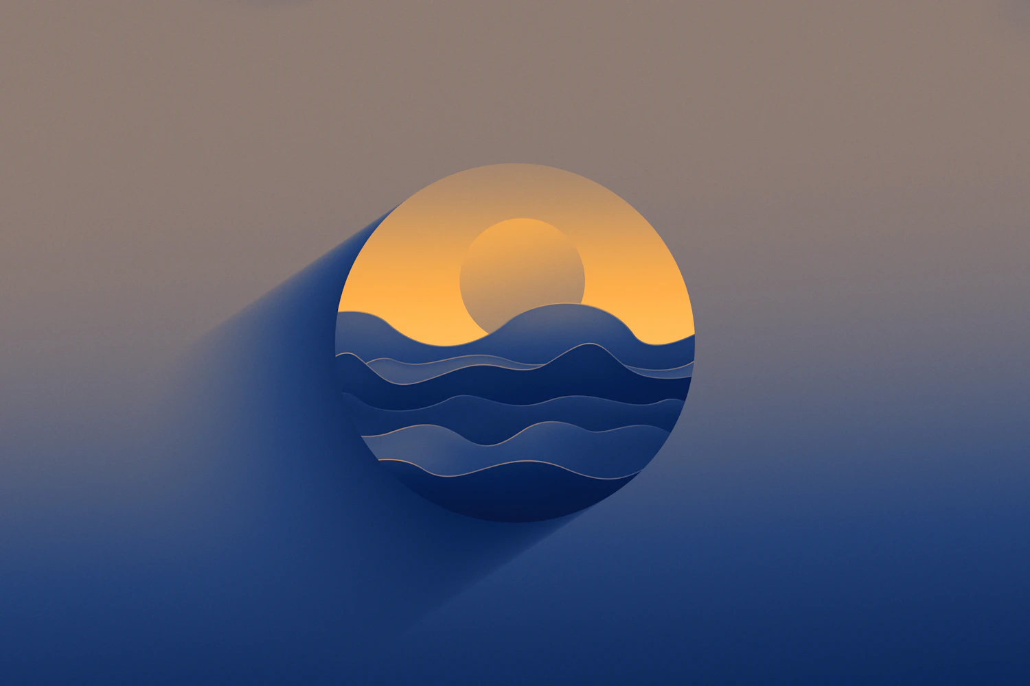 Print of an orange sun above layered blue waves