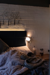 A cozy bedroom scene with a neatly made bed featuring a gray blanket and a dark headboard. The wall behind the bed is decorated with a metallic sculpture depicting bare trees, while a lit wall-mounted lamp provides soft lighting. A wooden nightstand holds a vase with a flower and some personal items, adding to the warm and inviting ambiance.