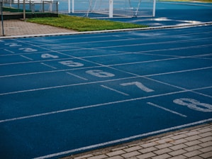 A sports track with multiple blue lanes, each marked with white numbers from 2 to 8, is visible. Adjacent to the track is a paved pathway and a green grassy area. In the background, a white soccer goal post can be seen on the field.
