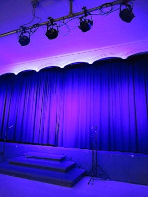 A stage is set with closed blue curtains, illuminated by overhead stage lights. Microphone stands are positioned in front of the curtains, and stairs lead up to the stage.