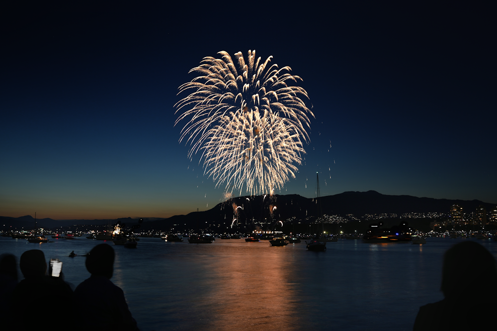 fireworks are lit up in the night sky over a body of water