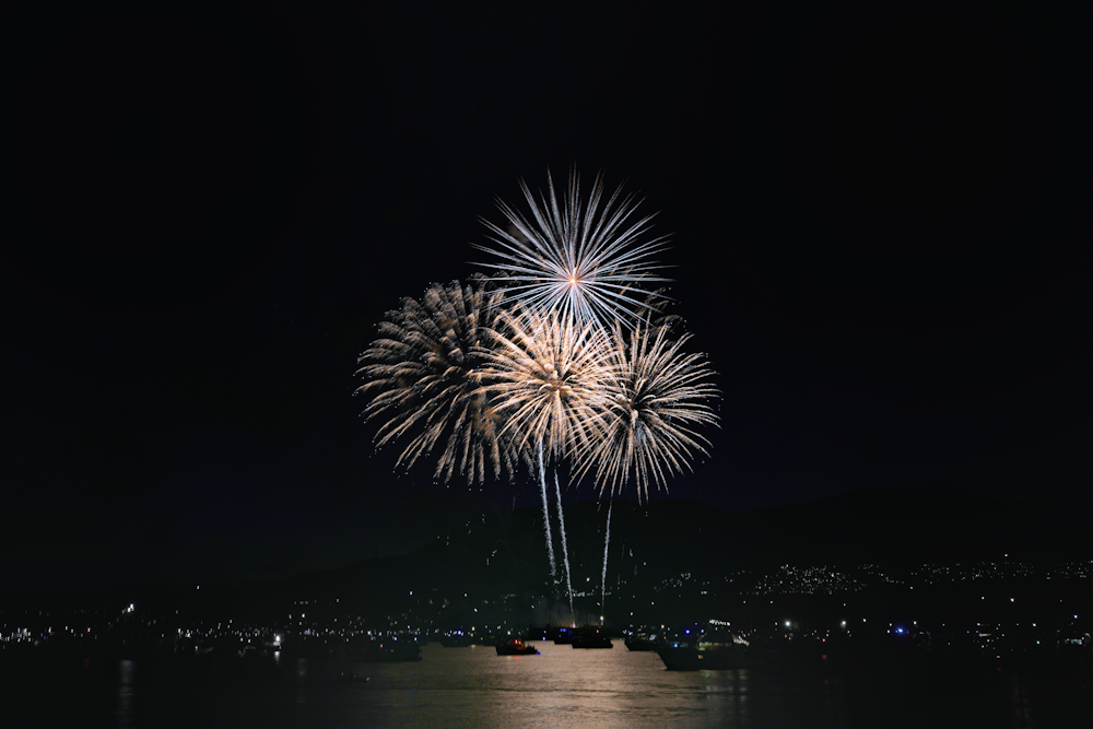 Un gran espectáculo de fuegos artificiales sobre un cuerpo de agua