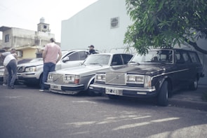 Several classic cars, including a Volvo station wagon, are parked along a street. A few men stand nearby examining the vehicles. The setting appears to be urban, with buildings and a tree in the background, creating a casual and slightly nostalgic atmosphere.