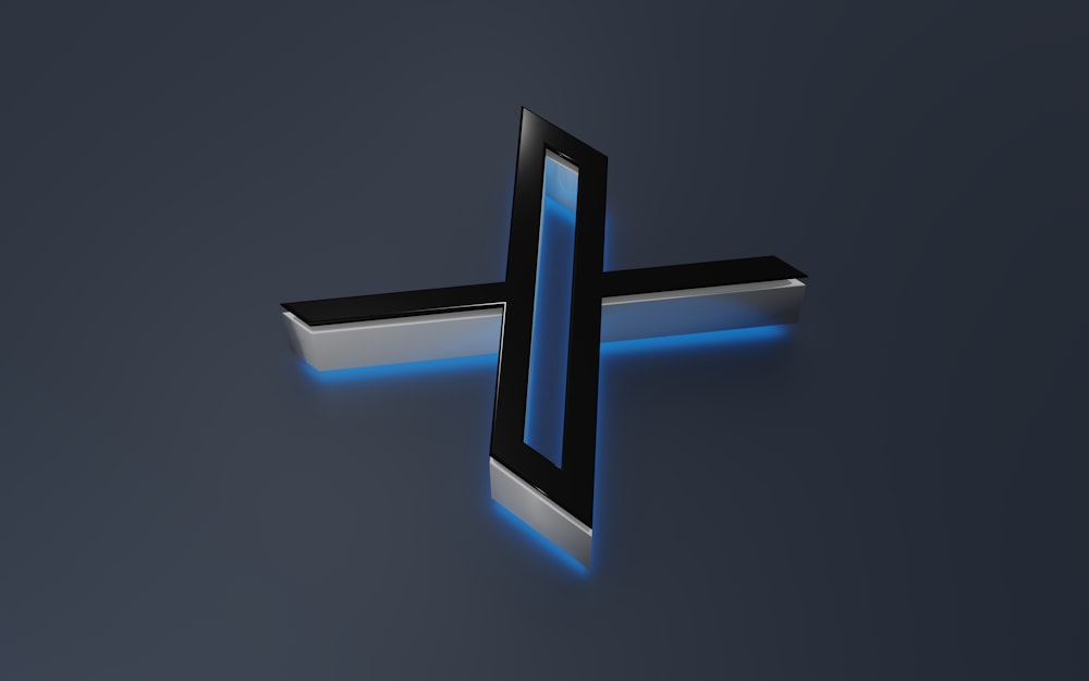 a black and white cross with blue lights