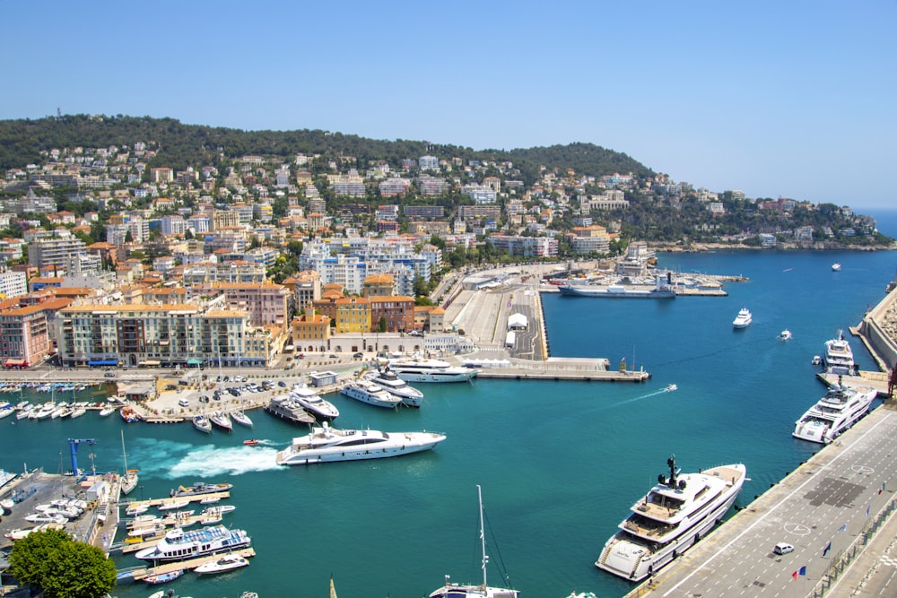 a harbor filled with lots of boats next to a city