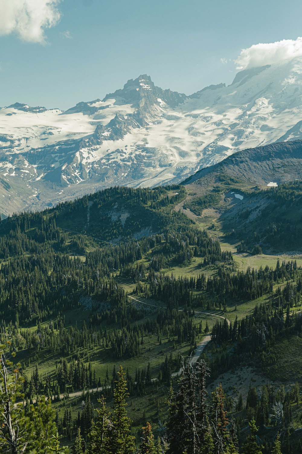 a view of a mountain range with trees and mountains in the background