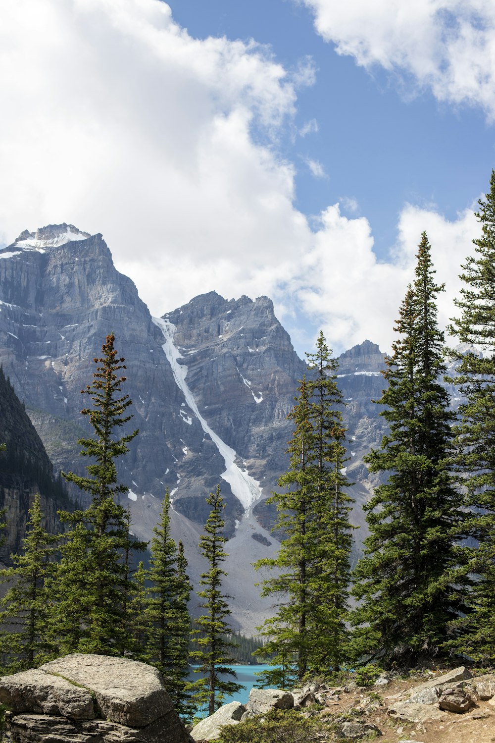 a view of a mountain range with trees in the foreground