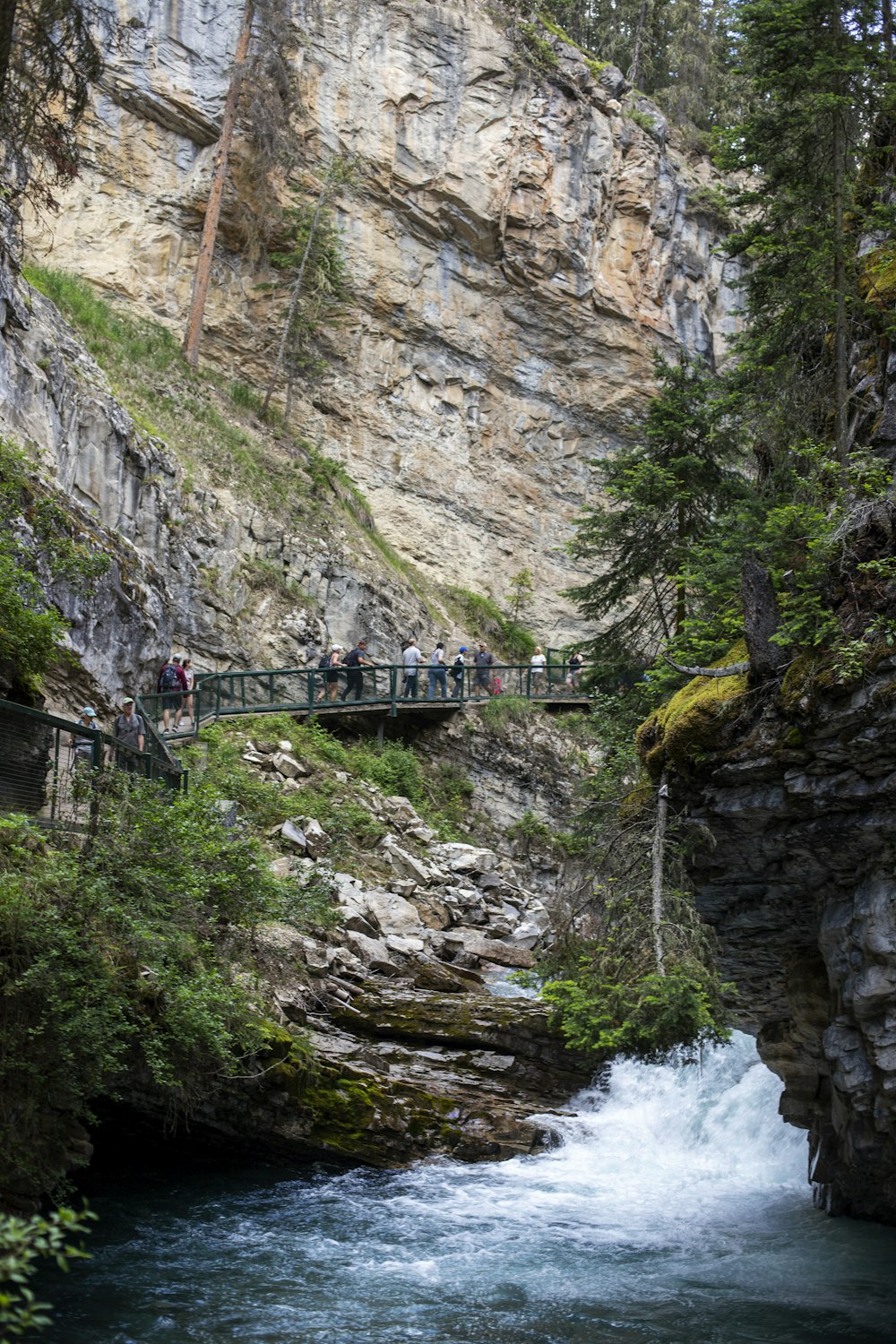 a group of people standing on a bridge over a river