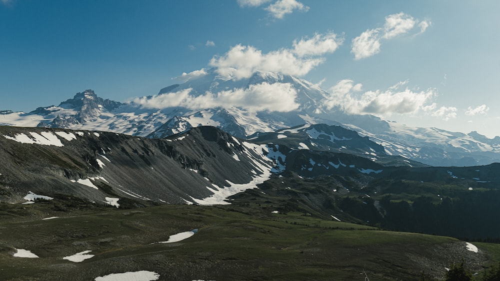 a view of a mountain range with snow on it