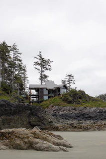 Wide-angle shot of a modern sustainable coastal house with large glass facades and a green living roof blending into the rugged Scottish landscape.