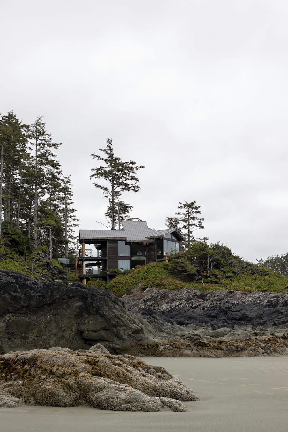 a house sitting on top of a hill next to a forest