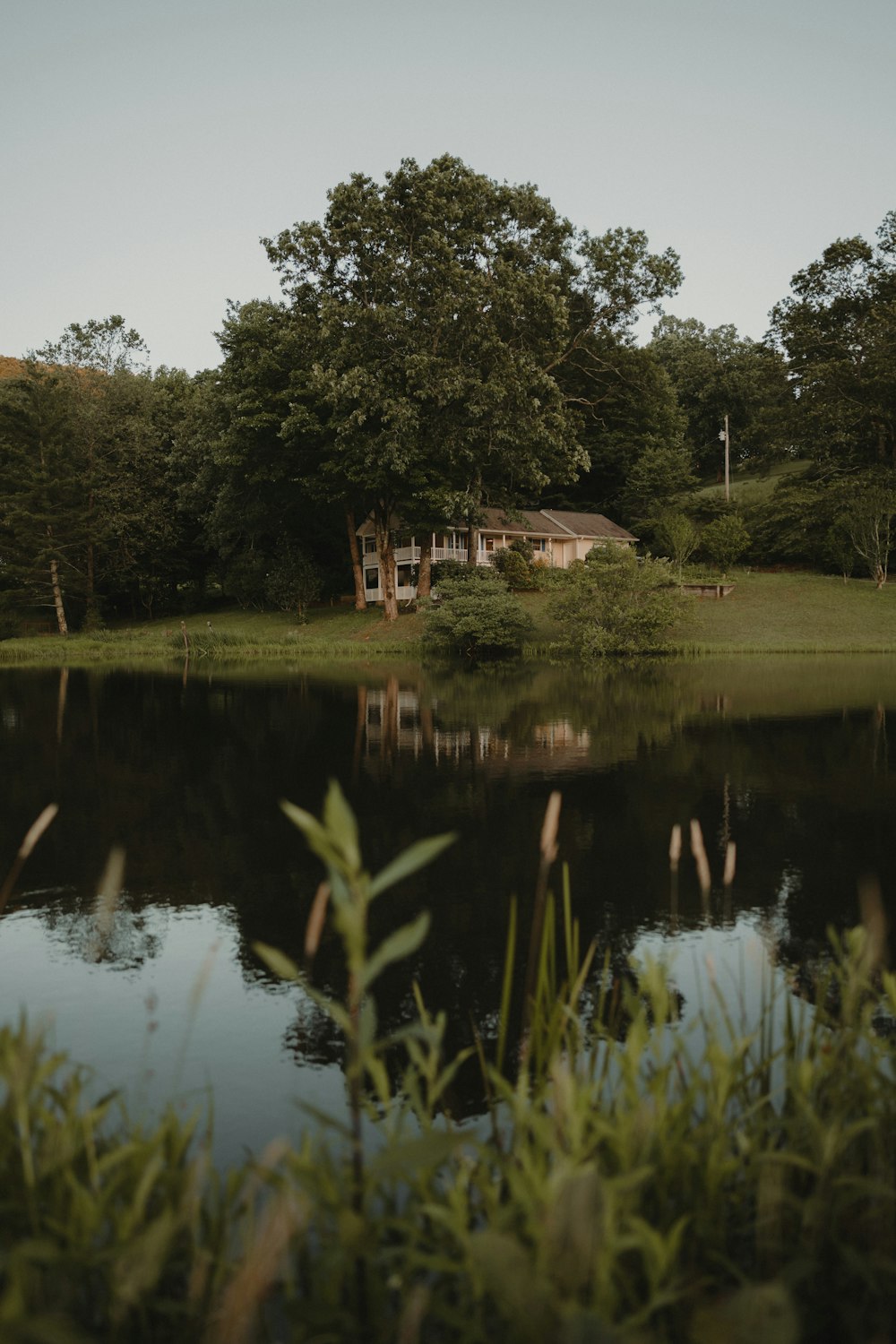 Una casa sentada en la cima de un exuberante campo verde junto a un lago