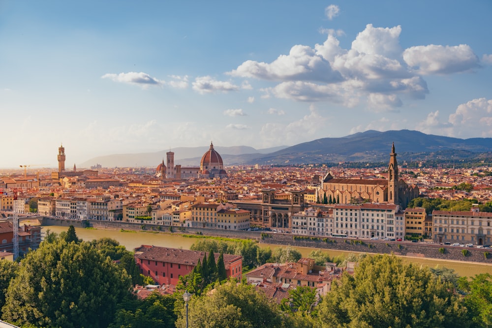 a view of a city with mountains in the background