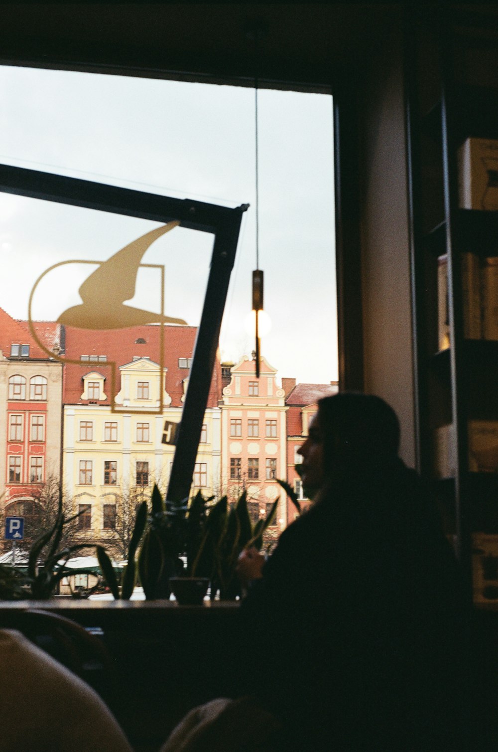 a person sitting in a chair looking out a window