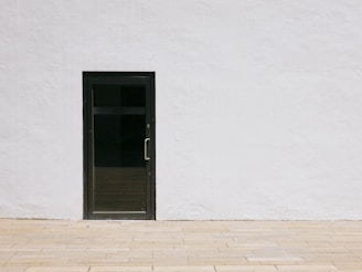 A sleek modern black door standing out against a minimalist white wall.