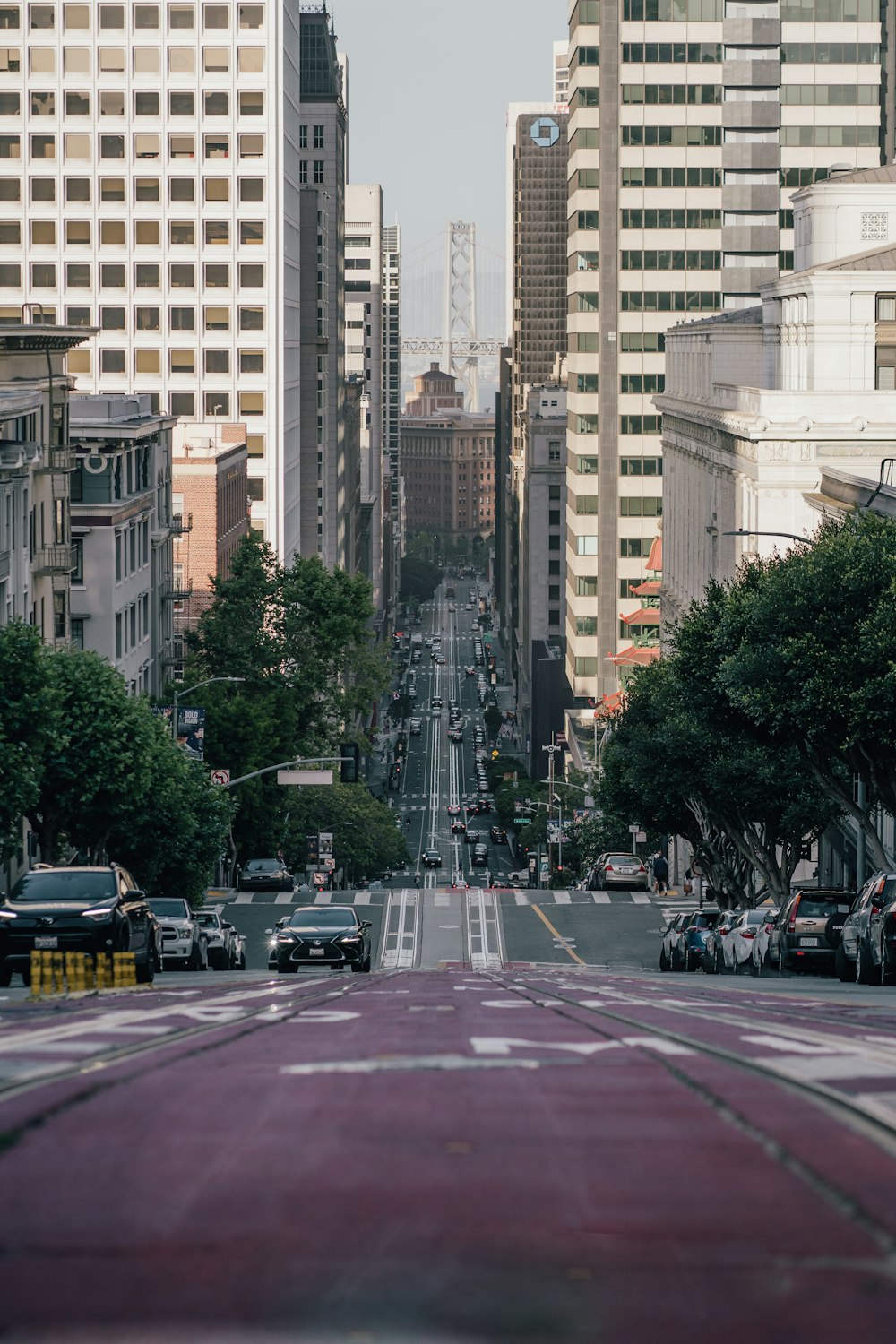 a view of a city street with tall buildings