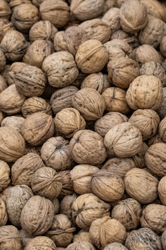 A large pile of unshelled walnuts with rough, textured brown shells tightly packed together.