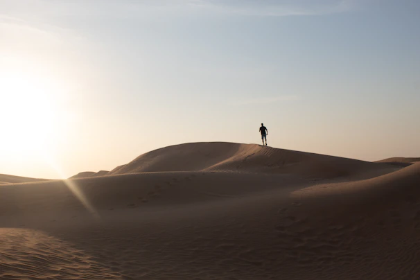 A lone traveler standing at the edge of a vast desert under a pale ivory sky.