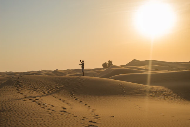 A panoramic view of a desert landscape with a lone traveler standing on a dune.