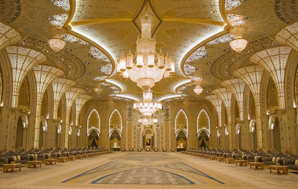 a large room with a chandelier and chandeliers