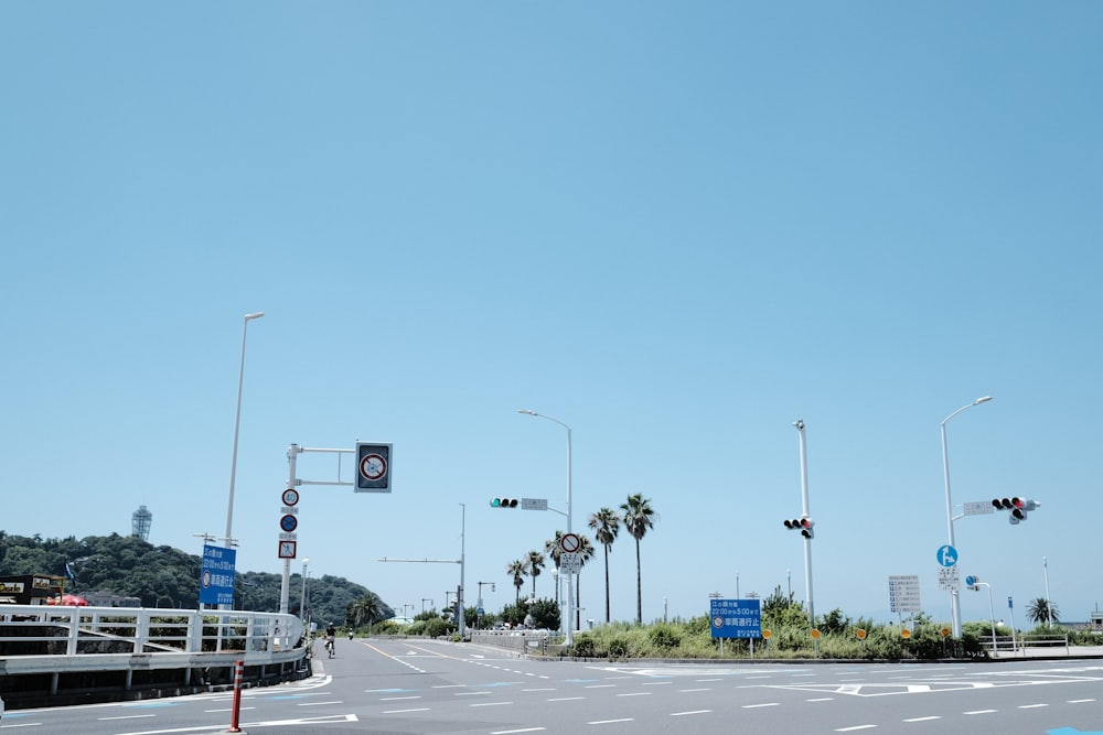 a street with traffic lights and palm trees