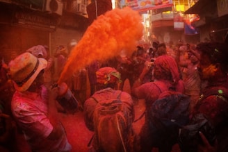 A vibrant and festive scene from Holi in Mathura