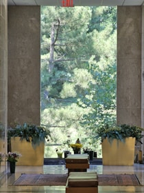 A serene interior space with a large window that showcases a lush, green view of trees outside. The room includes two large golden planters filled with vibrant greenery and flowers. There are small statues and more flowers placed near a small step or ledge. The floor features a polished stone surface with decorative rugs adding warmth to the space. An 'Exit' sign is visible at the top of the window structure.