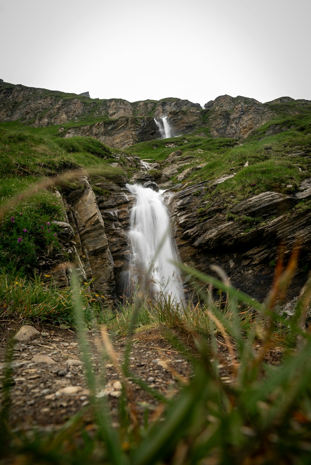 a small waterfall in the middle of a grassy area