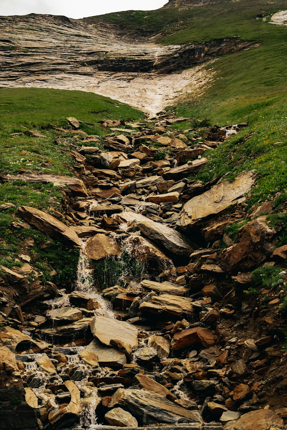 un ruisseau d’eau qui coule à travers une colline verdoyante