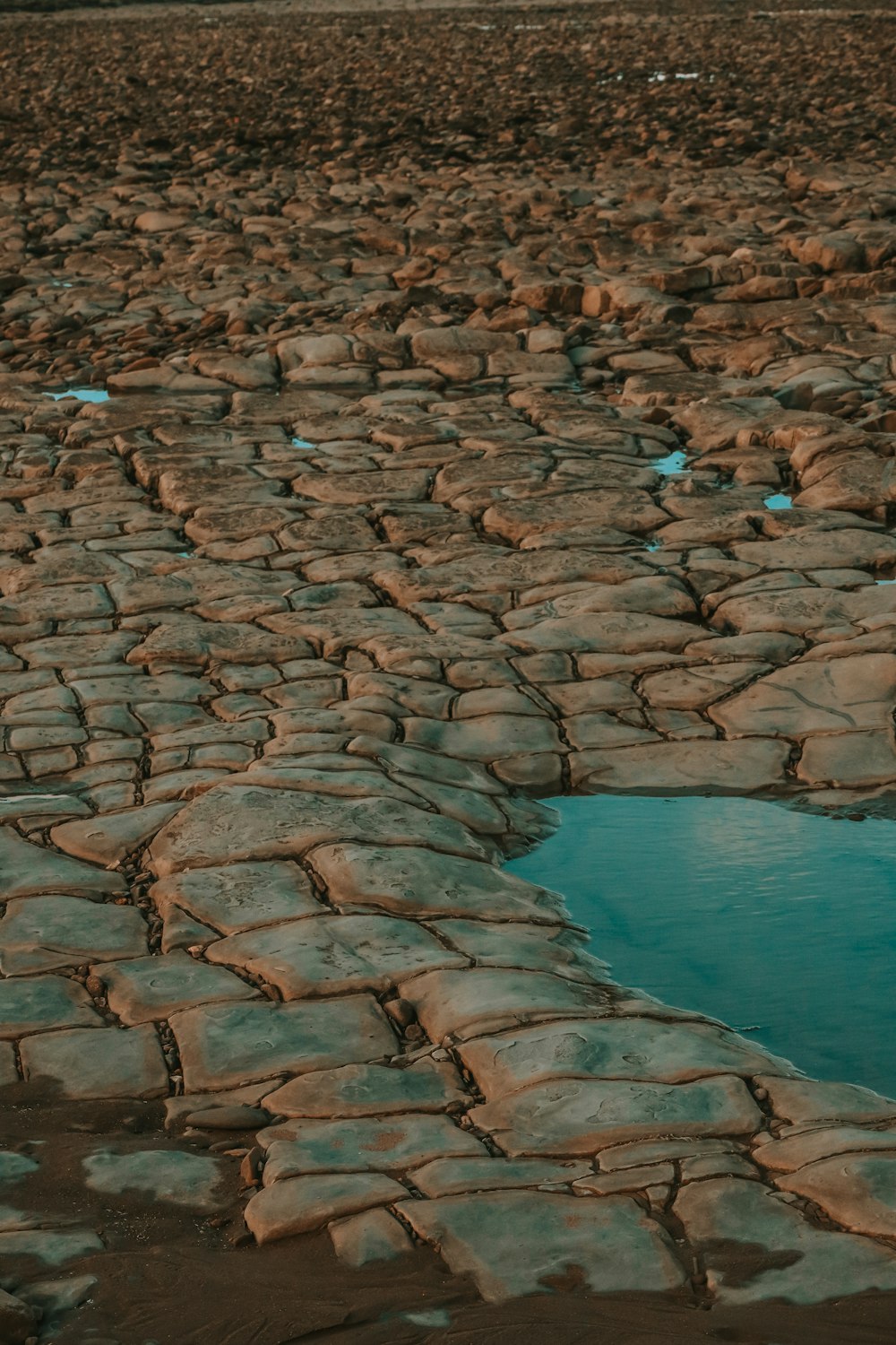 a large puddle of water surrounded by rocks