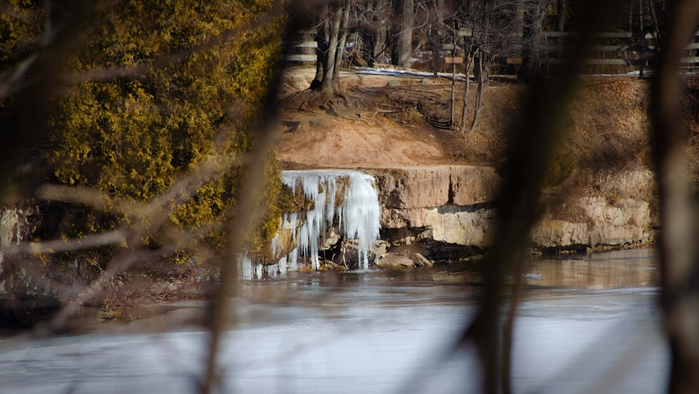 a frozen waterfall in the middle of a forest